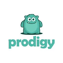 A blue cartoon monster stands smiling, with arms at its sides, against a white background. Below it, the text "prodigy" is written in teal font.