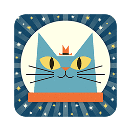 A cartoon blue cat with a small orange hat smiles within a circular frame, surrounded by a dark blue starburst pattern with yellow stars.