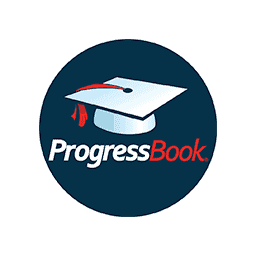 A graduation cap with a red tassel rests above the text "ProgressBook" inside a dark blue circle.