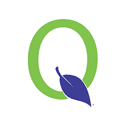 A green letter "Q" encircles a blue leaf, creating a logo design on a plain white background.