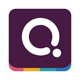 A white stylized "q" with a dot under the tail is centered on a purple square. The bottom edge features small color blocks: red, pink, yellow, and blue.