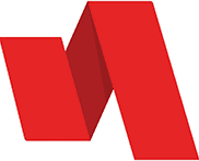 A red geometric shape folds into a stylized "N," resembling an origami design against a white background.