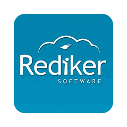Blue square logo with a white cloud design above the text "Rediker SOFTWARE," depicting a software company's branding.