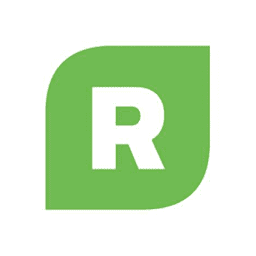A white letter "R" is centered inside a green leaf-shaped icon with rounded edges, set against a plain white background.