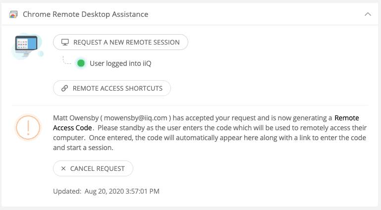 Screen image showing remote desktop assistance