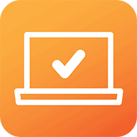 A white laptop icon with a check mark on its screen, set against an orange gradient background.