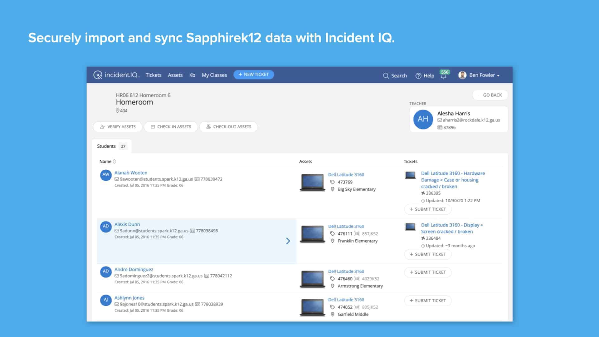 Blue background with Incident IQ's SIS data import and sync screen