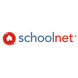 A red circle with a white house icon accompanies the text "schoolnet" set against a white background, emphasizing an educational network concept.