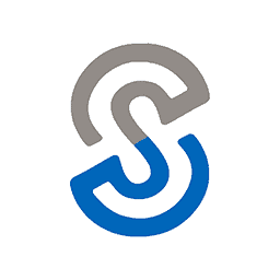 An interlocking design of two stylized letter 'S' shapes, one in gray and the other in blue, creates a continuous loop, suggesting unity and connection against a white background.