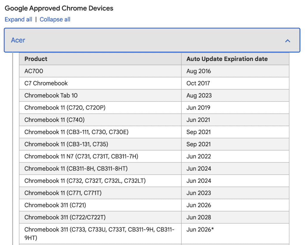 Chromebook auto update policy