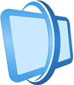 A blue, stylized rectangular shape with a circular ring partially surrounding it, suggestive of a screen or display, shown against a white background. No text is present.