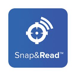 A white crosshair symbol with curved lines emerges from it, suggesting communication. Below, the text reads "Snap&Read™" in a blue square.