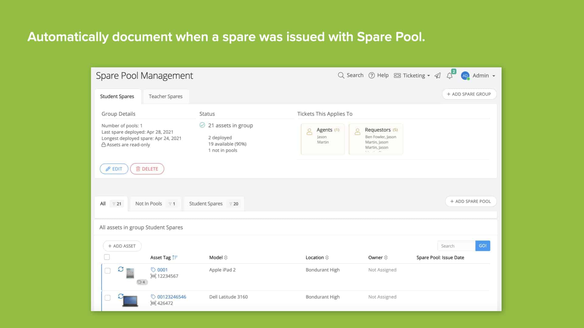 Green background with Incident IQ's Spare Pool Management screen
