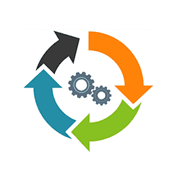 Three colored arrows (black, orange, green) form a circular cycle around two interlocking gray gears, representing a continuous process in a white background. No text is present.