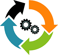 Three interlocking arrows (blue, orange, green) form a circle around two black gears. The design suggests a cycle or process involving teamwork or mechanical interaction.