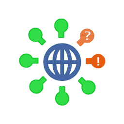 A blue globe is surrounded by green nodes with connected lines, resembling a network. One node contains an orange question mark, and another an orange exclamation mark, against a white background.