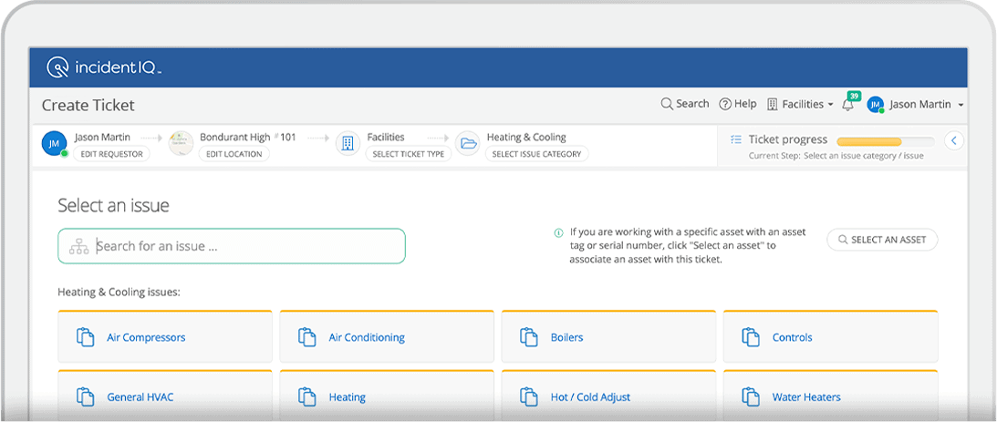 A computer screen displays an "incident IQ" ticket creation interface. The user is selecting heating and cooling issues like Air Compressors, Air Conditioning, and Boilers from categorized options. User: Jason Martin.