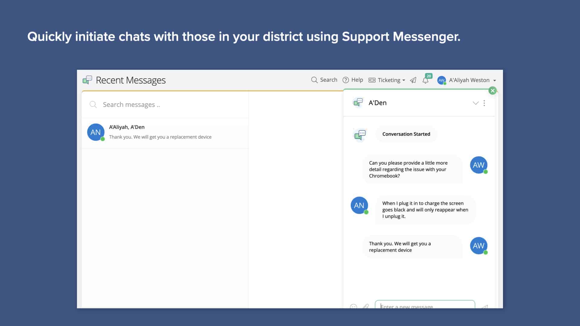 Screenshot of Incident IQ's Support Messenger feature showcasing an active text chat between two agents
