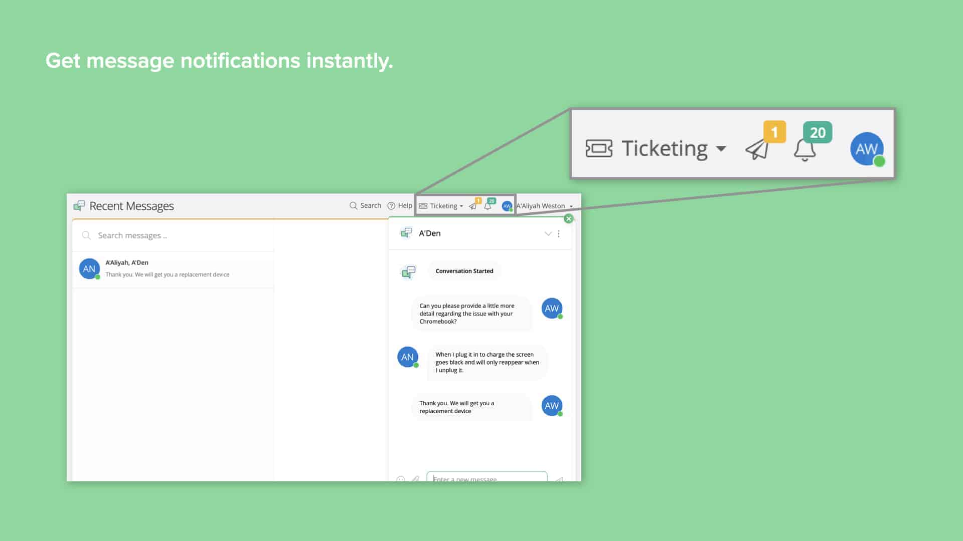 Screenshot of Incident IQ's Support Messenger platform with pop out screen of notification feature on top navigation bar