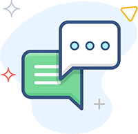 Two speech bubbles with text lines appear above a simple, abstract background. One bubble is green with horizontal lines, and the other is white with three dots. Geometric shapes surround them.