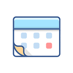 A stylized calendar icon features a grid of squares, with one highlighted in red, and a page corner folded. It suggests scheduling or planning events.