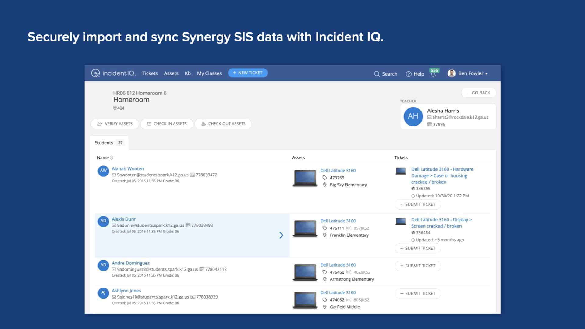 Blue background with screenshot of Incident IQ's SIS data import and sync screen