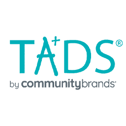 The logo displays "TADS" with a plus sign above the "A," followed by "by community brands" beneath it, all in a stylized font on a white background.