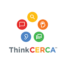 A central arrangement of five colored icons—magnifying glass, head, chat bubble, ear, and notebook—encircle each other atop white space. Below, text reads: "ThinkCERCA™".