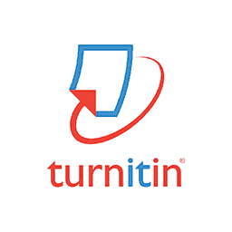 A blue paper icon with a red arrow is positioned above the word "turnitin" in lowercase red letters, against a plain white background.