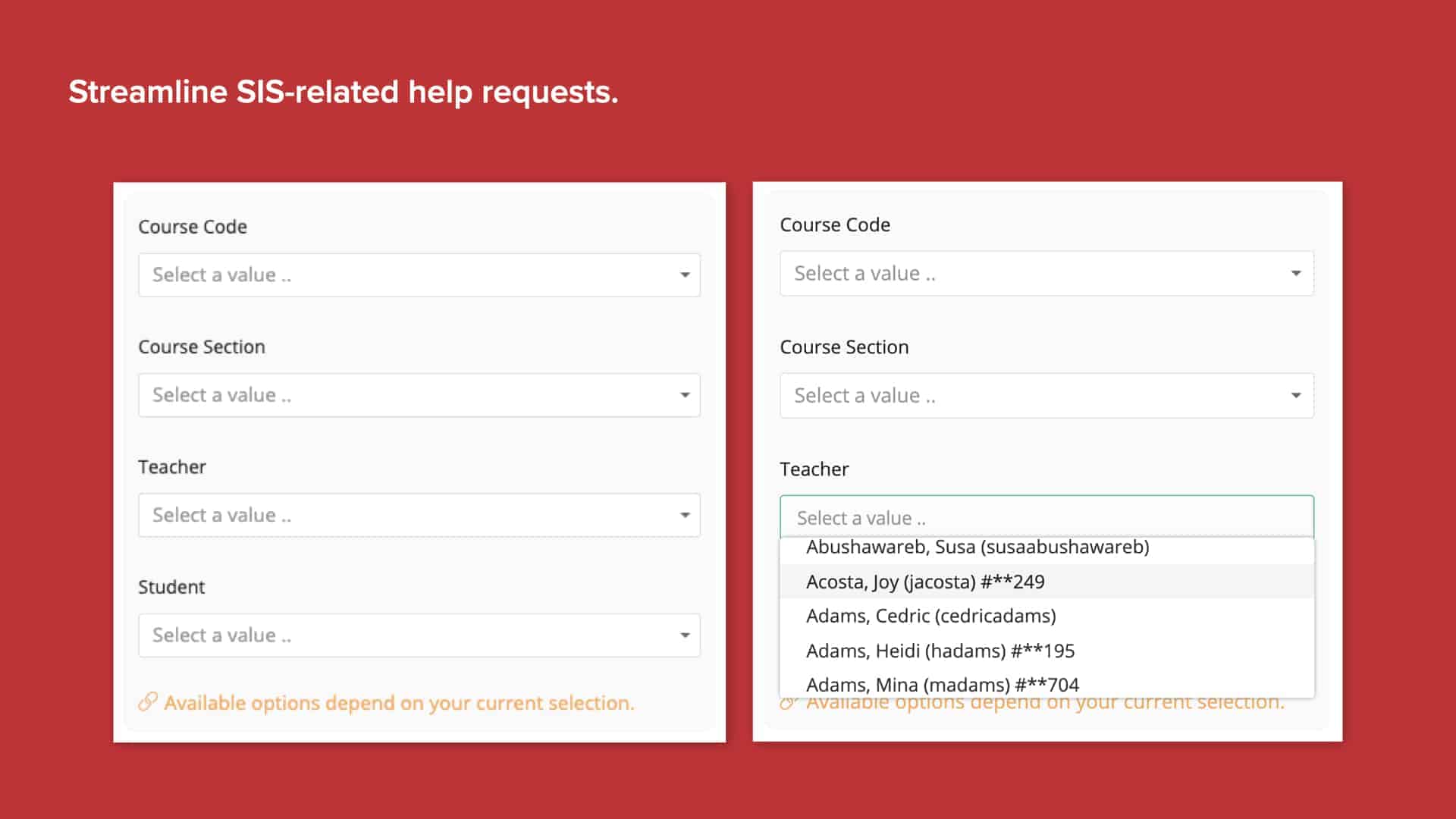 Red background with screenshot of Incident IQ’s course code and student selectors
