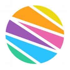 A multicolored circle is divided by white diagonal lines into five sections, each with a different color: yellow, orange, pink, purple, and blue, on a white background.