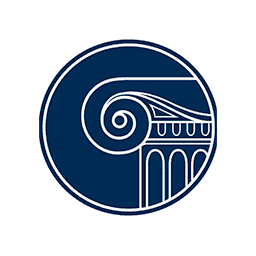 A stylized Greek Ionic column capital is centered within a dark blue circular emblem, suggesting classical architecture or academia, with minimal detailing to focus on the column's distinctive scroll design.