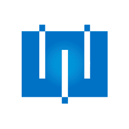 A blue abstract logo consists of three vertical white lines forming a stylized "W" against a gradient blue square. The background is plain white. No text is present.