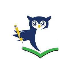 An owl holds a pencil with its wing, positioned above an open green book. The design is simple, set against a plain white background.