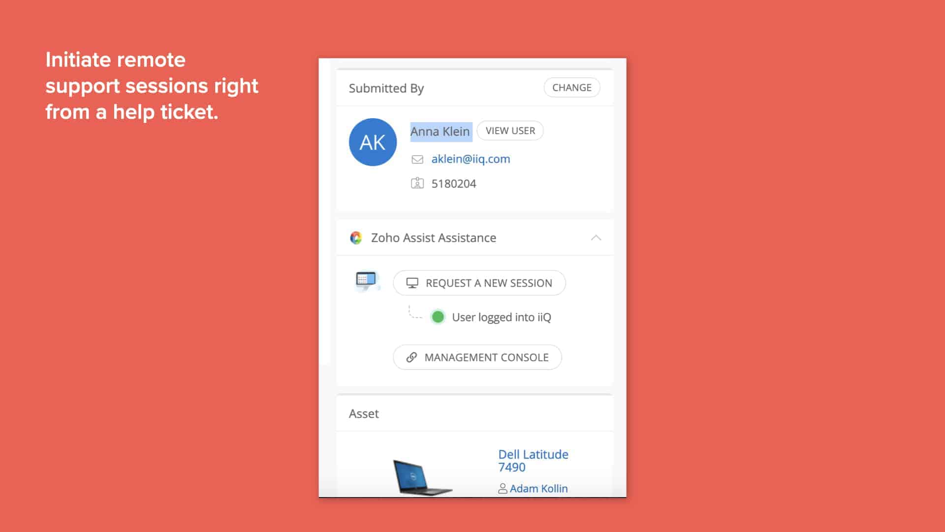 Screenshot of how to remotely initiate support sessions from Incident IQ's help ticketing platform