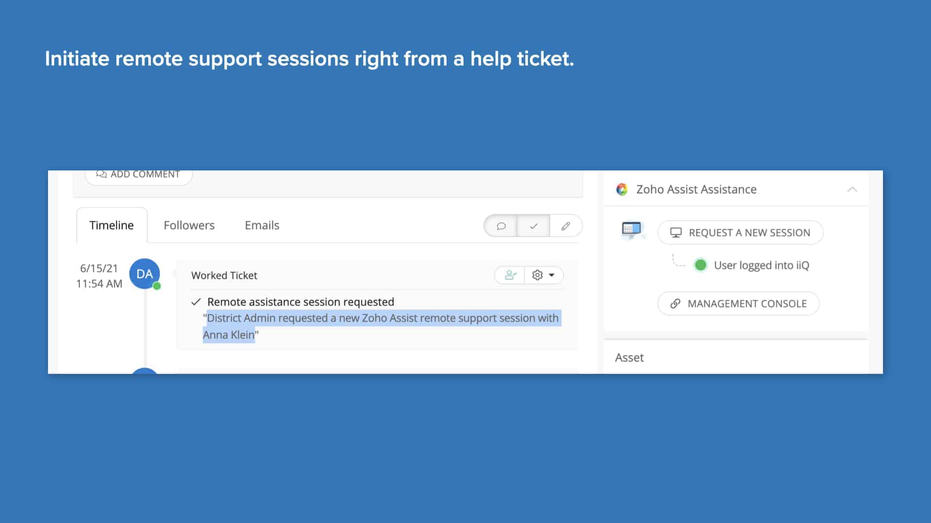 Screenshot of how to remotely initiate support sessions from Incident IQ's help ticketing platform