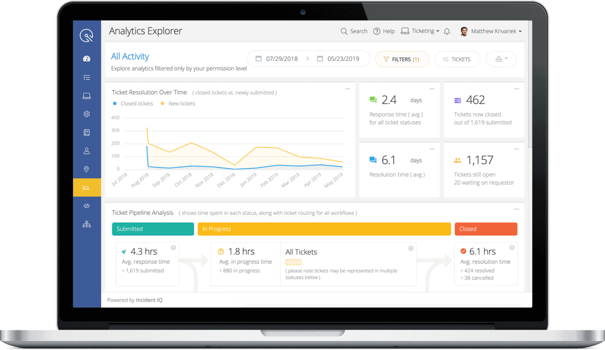 Laptop with screenshot of Incident IQ's Analytics Explorer dashboard
