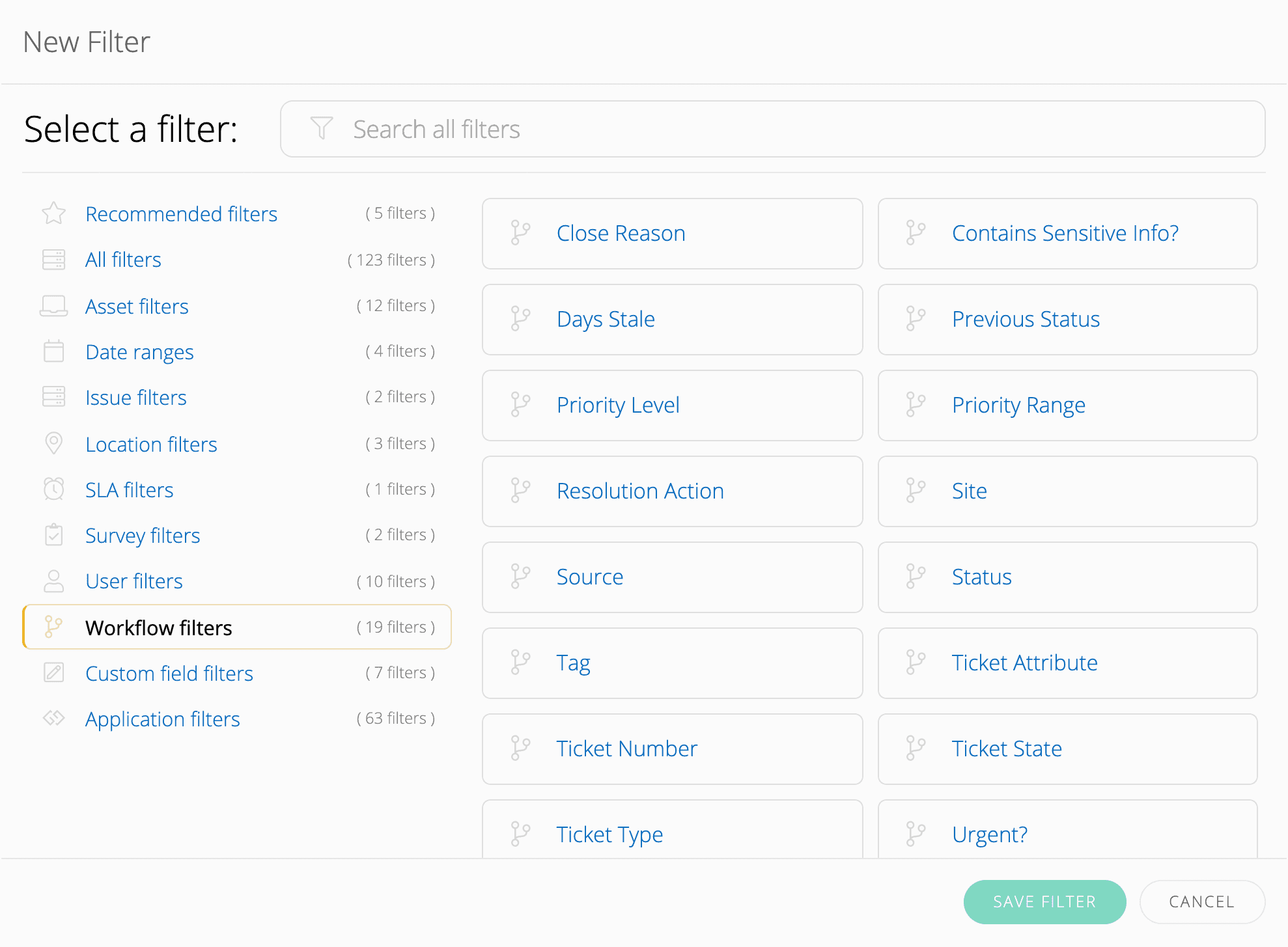 Screenshot of Incident IQ's Workflow filter options - filters include Resolution Action, Previous Status, and more