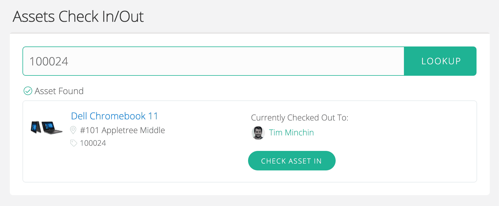 Screenshot of Incident IQ's Assets Check In/Out feature