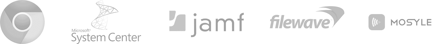 Chrome logo, Microsoft System Center logo, Jamf logo, Filewave logo, Mosyle logo