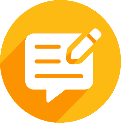 A white speech bubble with lines and a pencil icon overlays an orange circle, suggesting writing or communication, set against a bright yellow background.