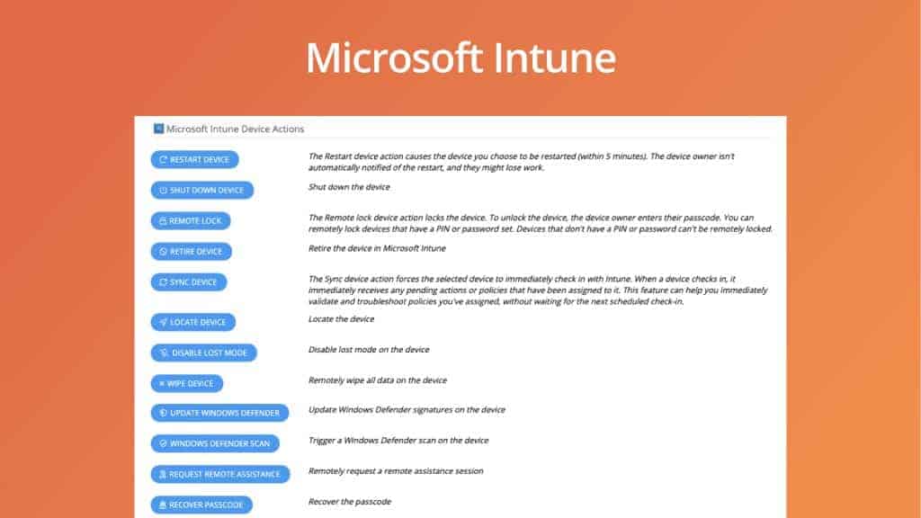 Screenshot of device action options on the Incident IQ platform - options include restart device, locate device, and more