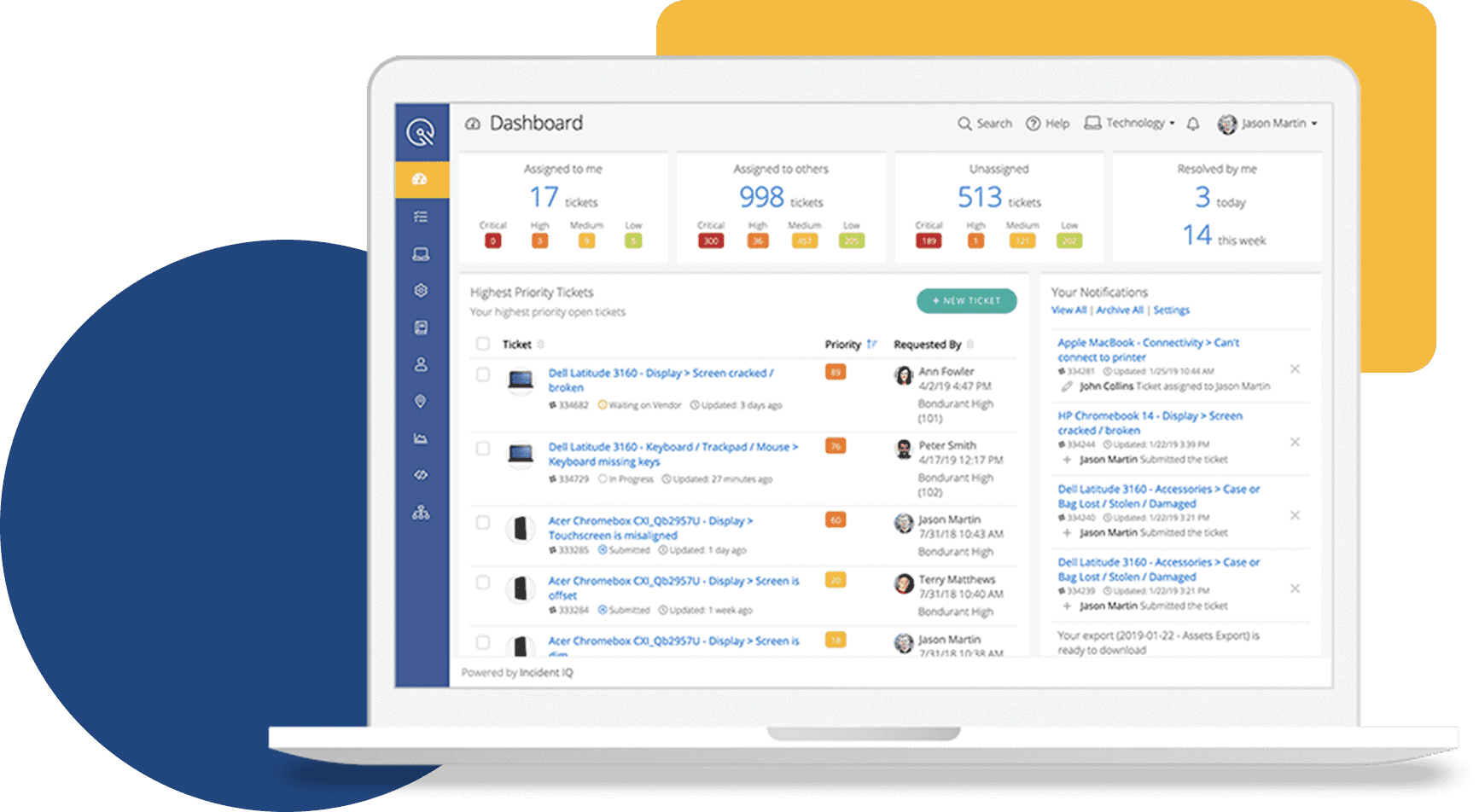 A laptop screen displays a dashboard interface showing ticket management details, including ticket numbers, priorities, and requesters. "Assigned to me" shows 17 tickets, and "Unassigned" shows 513.