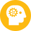 A white silhouette of a human head with a gear inside symbolizes thinking or innovation, set against a bright yellow background.