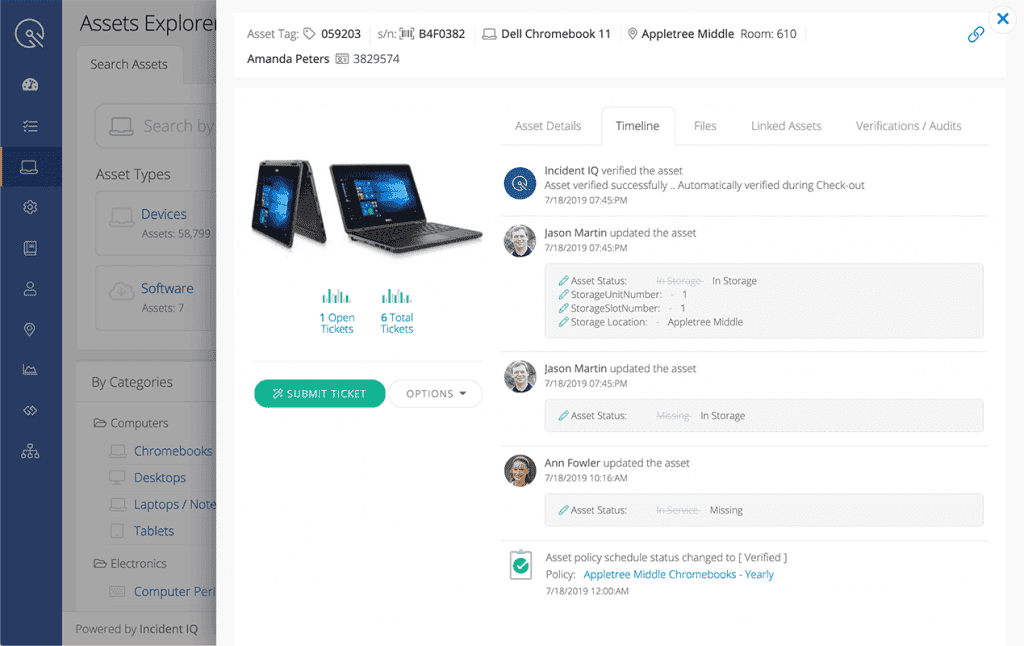 A digital asset management interface shows details for a Dell Chromebook 11, including images, asset tags, serial numbers, ticket status, and updates from users Amanda Peters, Jason Martin, and Ann Fowler.