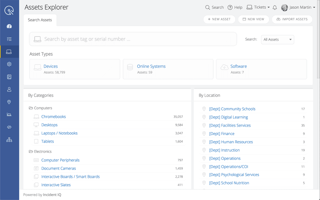 Dashboard interface displays asset management categories. Users can search assets by type and location. Categories include computers and electronics. Sections: "Devices," "Online Systems," "Software." Sidebar menu and user profile present. Powered by Incident IQ.