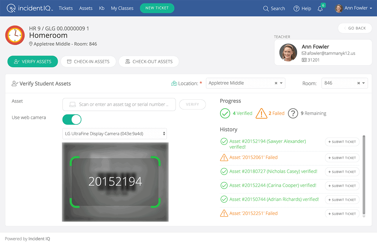 My Classes asset tag scanning