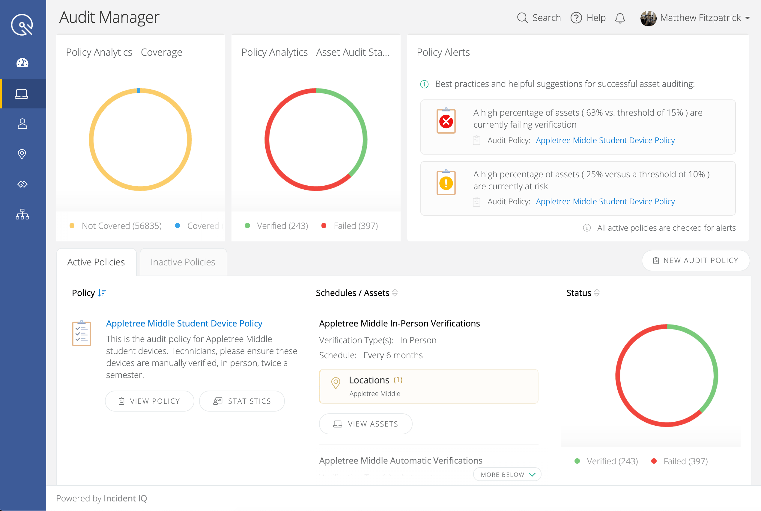 Dashboard displaying audit management data: pie charts show policy coverage and asset audit status. Alerts indicate high risk in policies. Menu on the left includes navigation icons, profile, and settings.