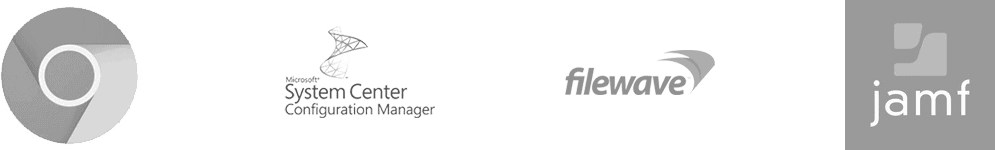 Four logos are displayed: a circular design, "Microsoft System Center Configuration Manager," "filewave," and "jamf," each with distinct styles, set against a plain background.