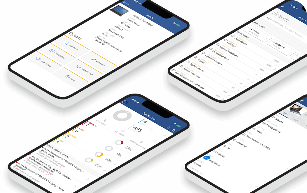 Four smartphone screens display an app interface, showing search options, dashboard statistics, and menu navigation, all within a financial or business context.